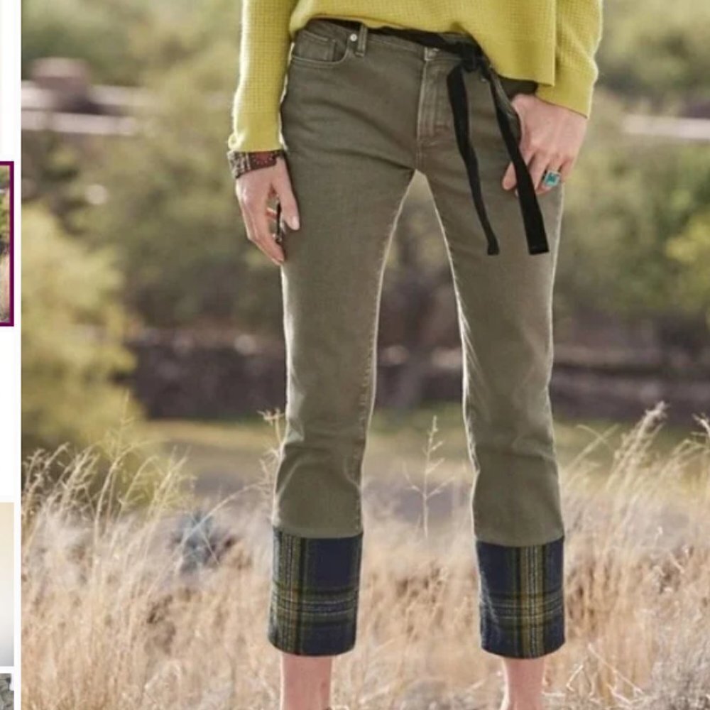 FP FREE PEOPLE Driftwood Green & Plaid Cuff Colette Crop Jeans 26